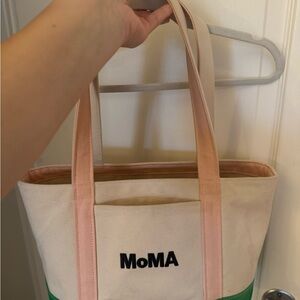 Moma Canvas Tote Bag - Cream and Green with Pink Accents